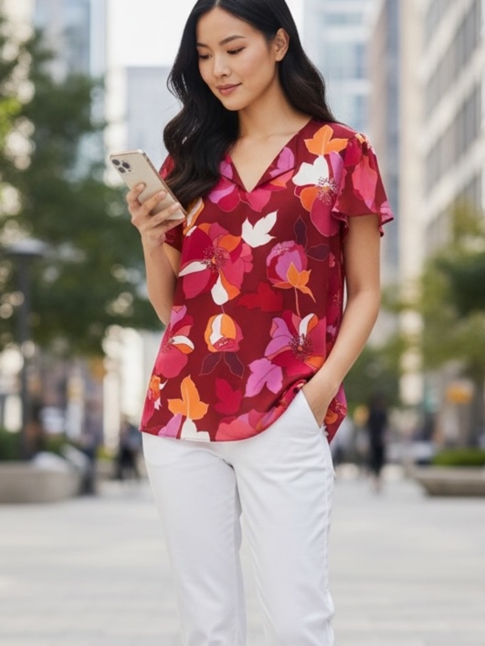 NWT - My Danielle - Pull Over Blouse w Cap Sleeves. Vibrant Red & Orange Floral.